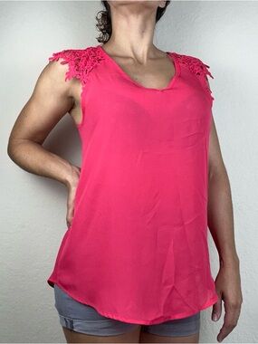 Jella Couture Hot Pink Sheer Blouse Size M Crochet Shoulder Sleeveless NEW
